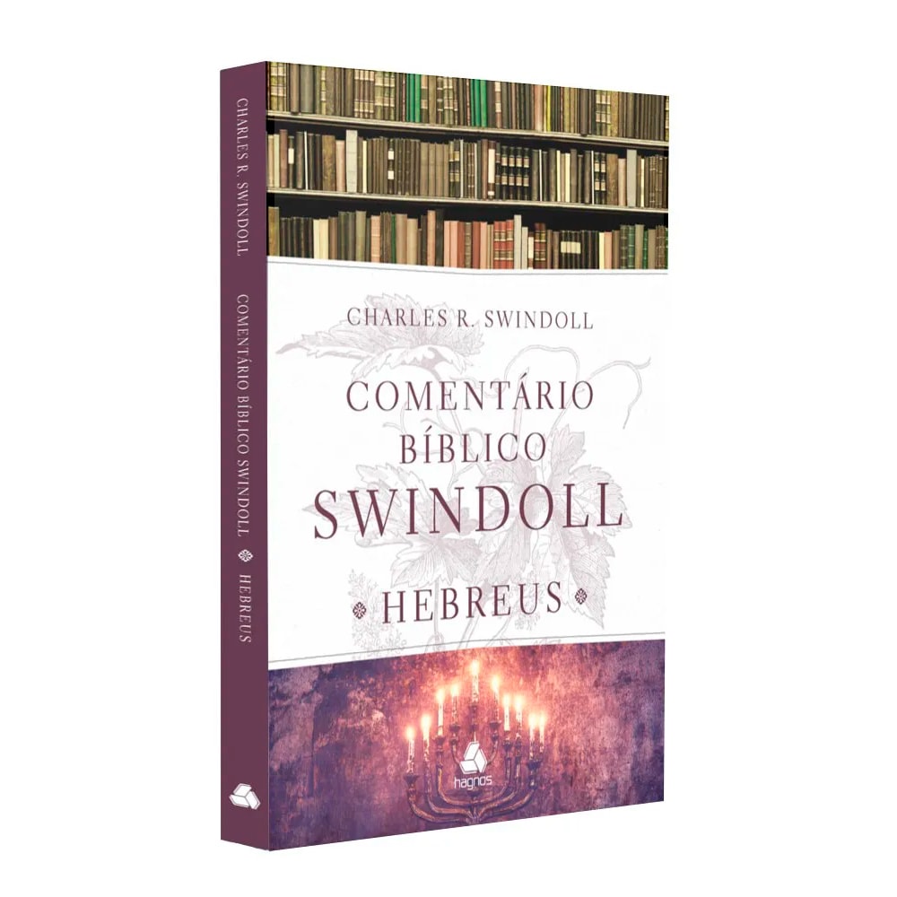Livro "Comentário Bíblico Swindoll | Hebreus" de Charles R. Swindoll, capa roxa com candelabro e estante de livros. — Plenitude