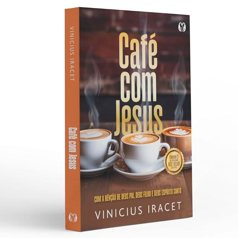 Livro Devocional Café Com Jesus, capa marrom com xícaras de café. — Plenitude