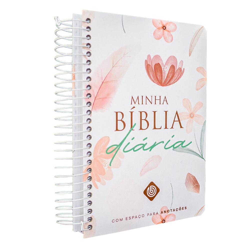Bíblia Diária NVI, capa dura branca com flores e penas em tons pastel, espiral branca, com espaço para anotações. — Plenitude