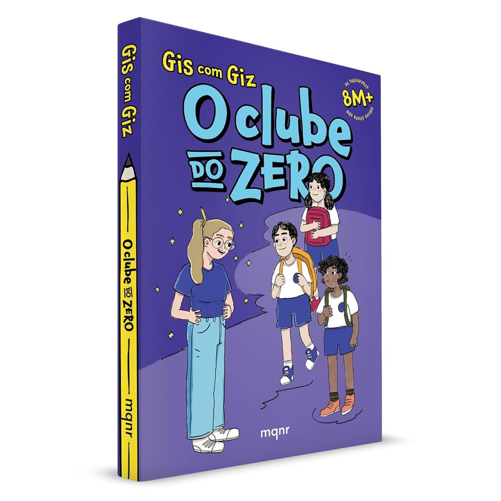 Livro O Clube do Zero, capa roxa com ilustrações de crianças e um lápis amarelo na lateral. — Plenitude