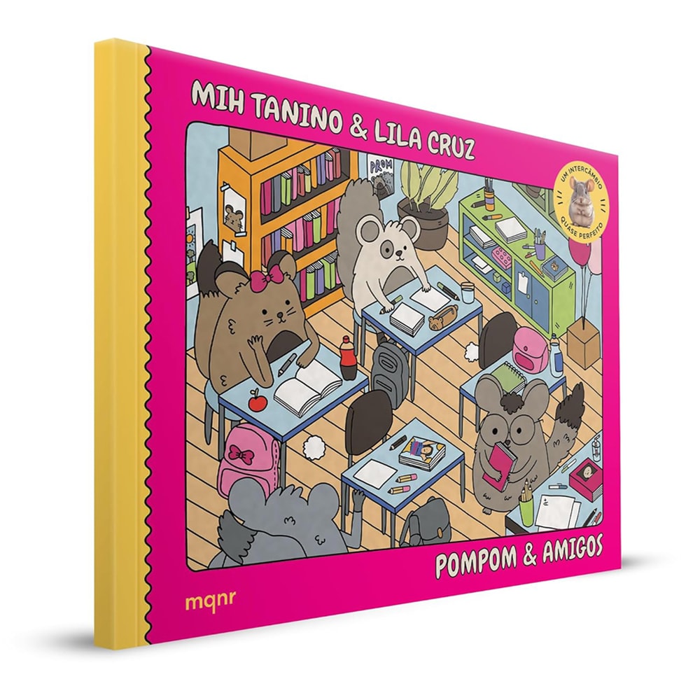 Livro Pompom e Amigos, capa rosa com ilustração de personagens em sala de aula. — Plenitude