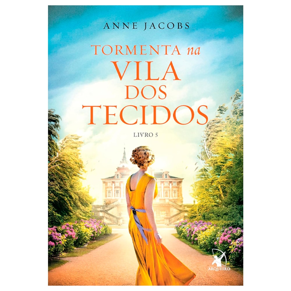 Livro Tormenta na Vila dos Tecidos de Anne Jacobs, capa com mulher de costas em jardim com castelo. — Plenitude