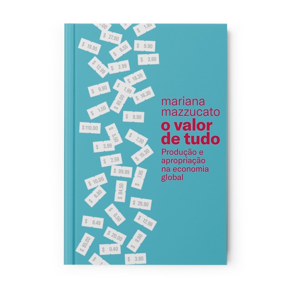 Livro O Valor de Tudo de Mariana Mazzucato, capa azul com etiquetas de preço. — Plenitude