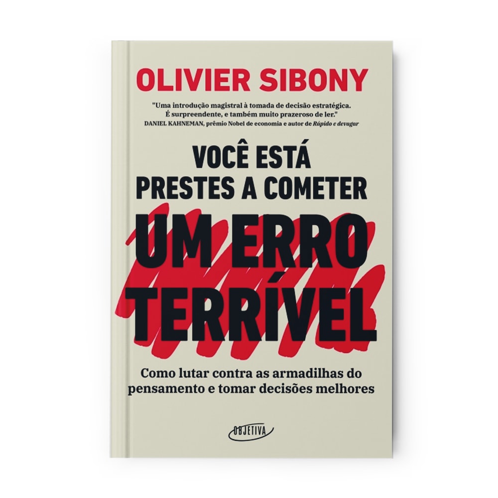 Livro "Você Está Prestes a Cometer Um Erro Terrível" de Olivier Sibony, capa branca com título riscado em vermelho. — Plenitude