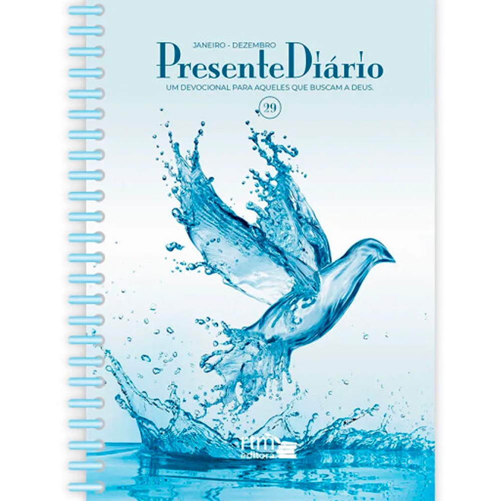 Capa do devocional Presente Diário Espiral, com uma pomba branca e respingos de água azul. — Plenitude