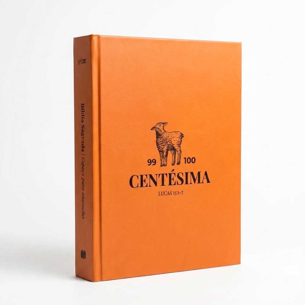 Bíblia Sagrada Centésima NVI, capa dura laranja com ilustração de ovelha e números 99 e 100, espaço para anotações. — Plenitude