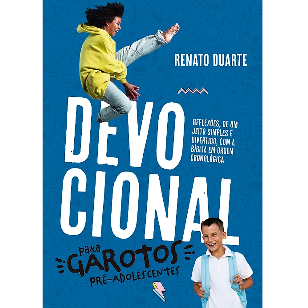 Livro Devocional Para Garotos Pré-Adolescentes, capa azul com ilustrações de garotos. — Plenitude