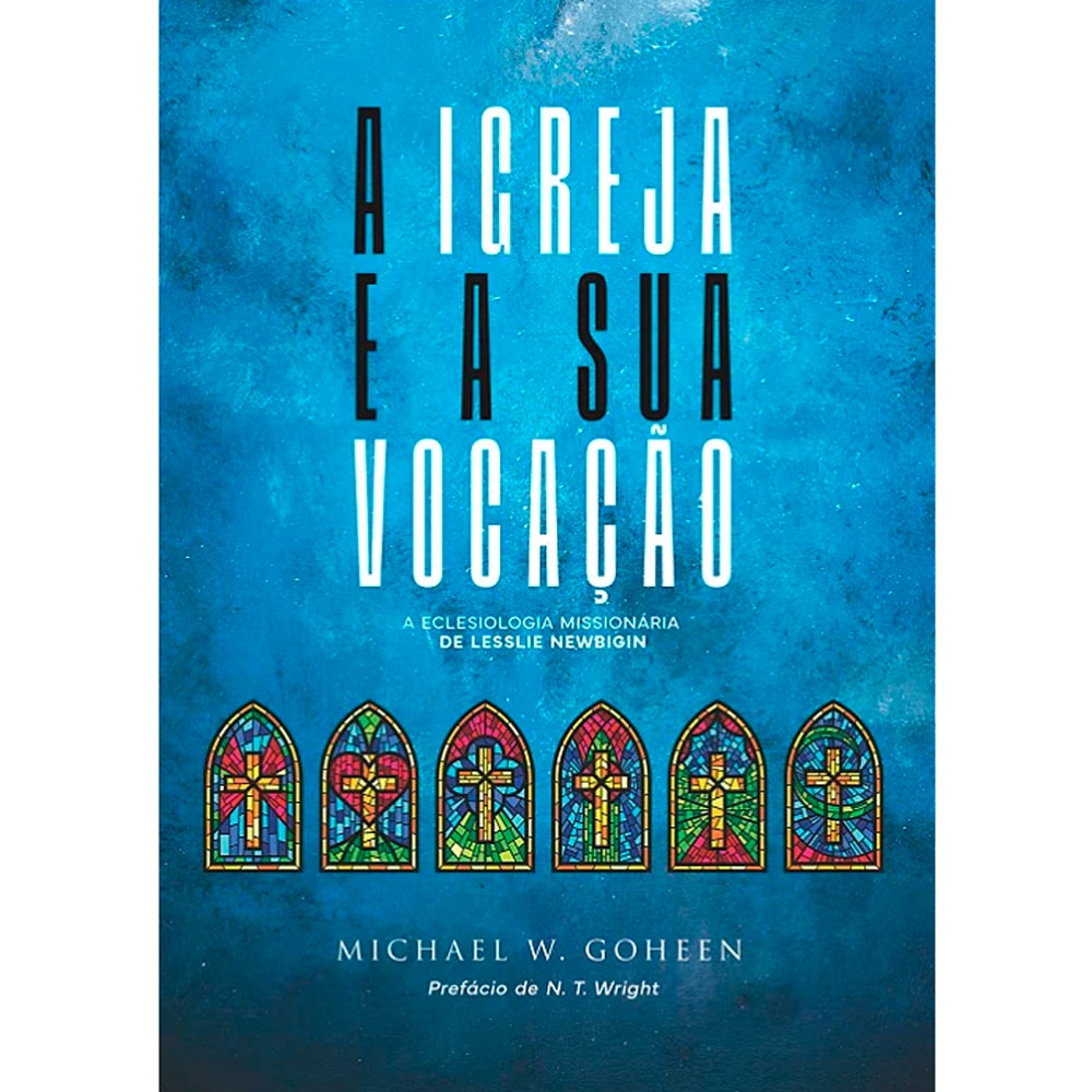 Livro A Igreja e a Sua Vocação, capa azul escura com vitrais coloridos e título em branco. — Plenitude