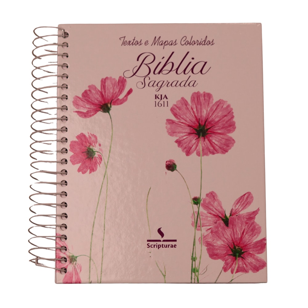 Bíblia King James 1611 (KJA) capa dura rosa com flores cosmos, espiral, textos e mapas coloridos. — Plenitude