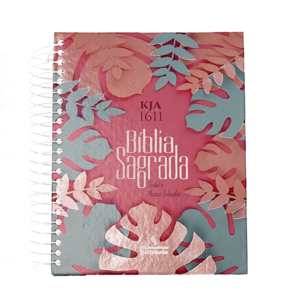 Bíblia King James 1611 Folhas, espiral, capa dura rosa e azul com folhas tropicais, textos e mapas coloridos. — Plenitude