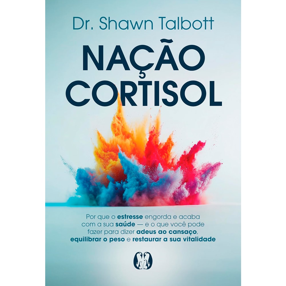 Livro Nação Cortisol, Dr. Shawn Talbott, capa com explosão de cores azul, laranja e vermelha. — Plenitude