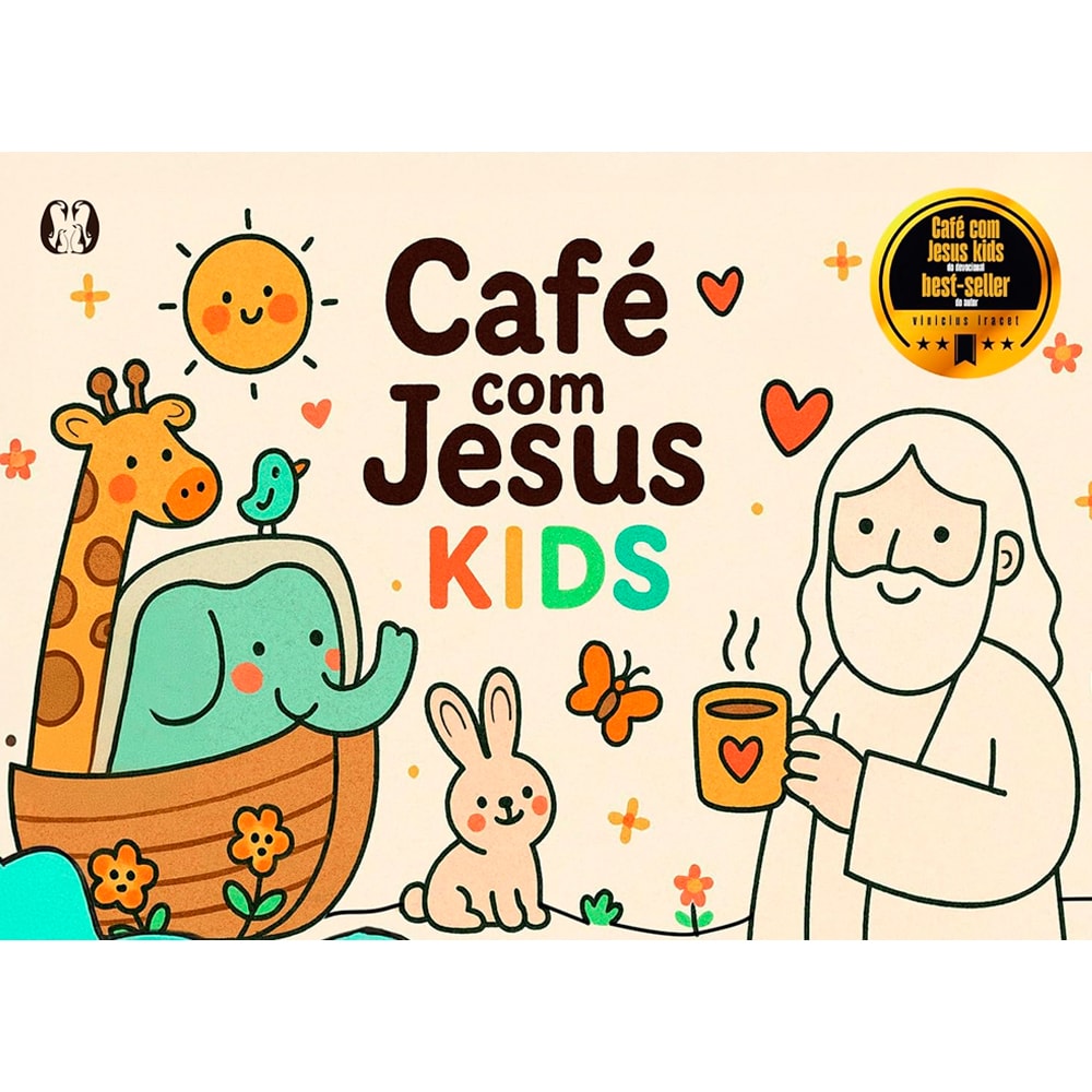 Livro Café Com Jesus Kids, Vinícius Iracet, capa infantil com Jesus e animais. — Plenitude