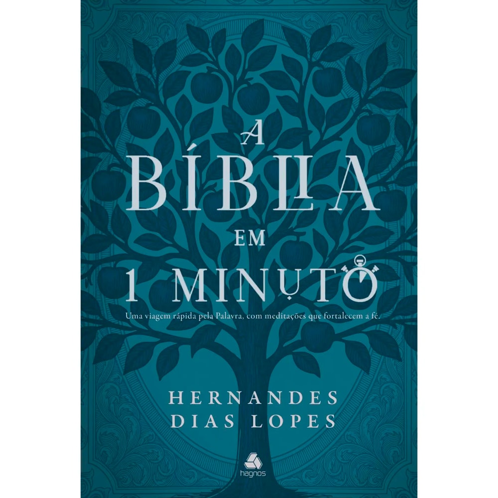 Livro 'A Bíblia em 1 Minuto' com capa azul escura e ilustração de uma árvore da vida. — Plenitude