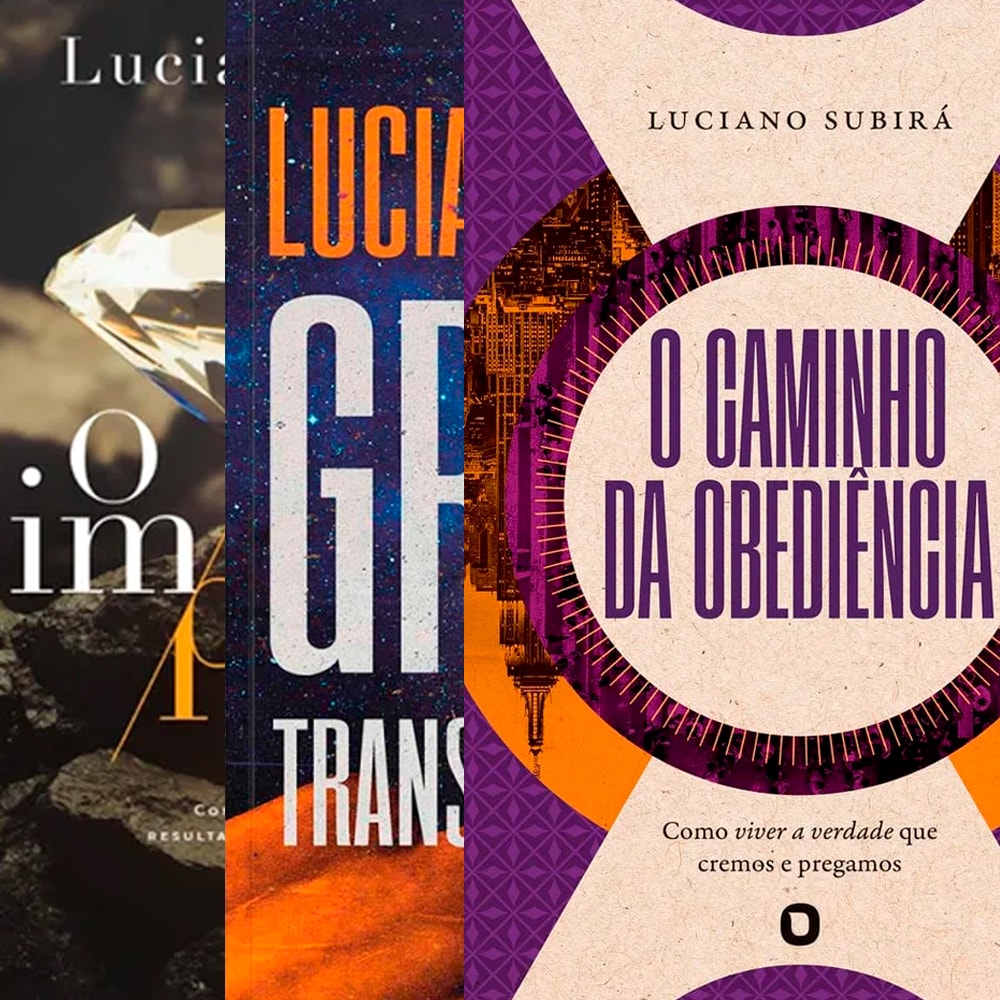 Kit Graça Transformadora + O Caminho da Obediência + O Impacto da Sant: Três livros de Luciano Subirá, capas com tons de roxo e laranja. — Plenitude