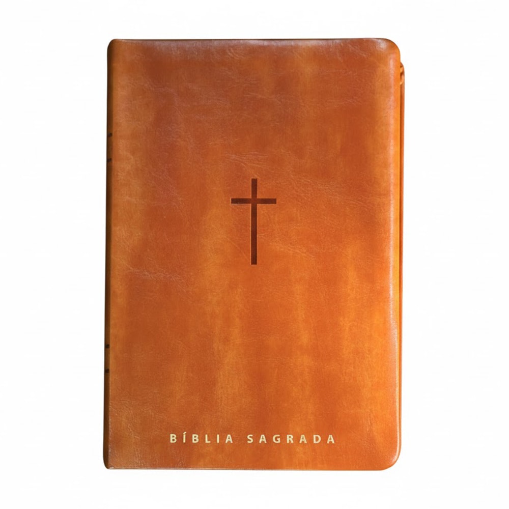 Bíblia Sagrada NVT Letra Gigante capa Luxo marrom com cruz e "BÍBLIA SAGRADA" em baixo relevo. — Plenitude
