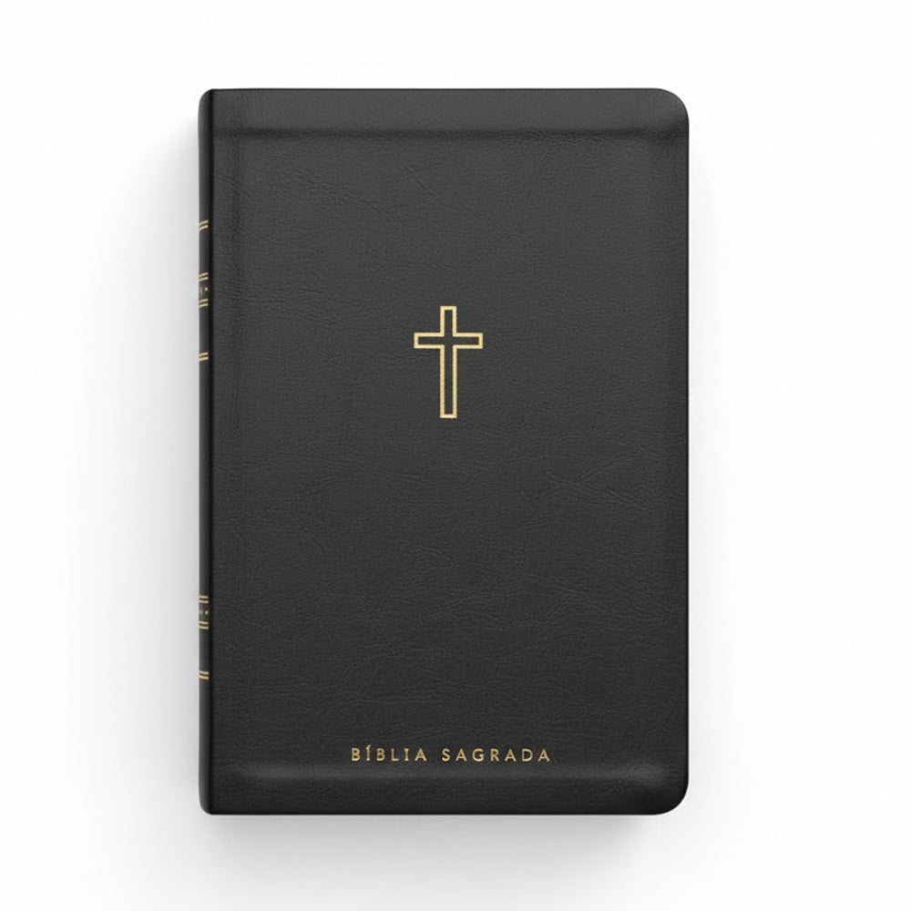 Bíblia Sagrada Slim NAA preta, capa luxo com cruz e título dourados. — Plenitude