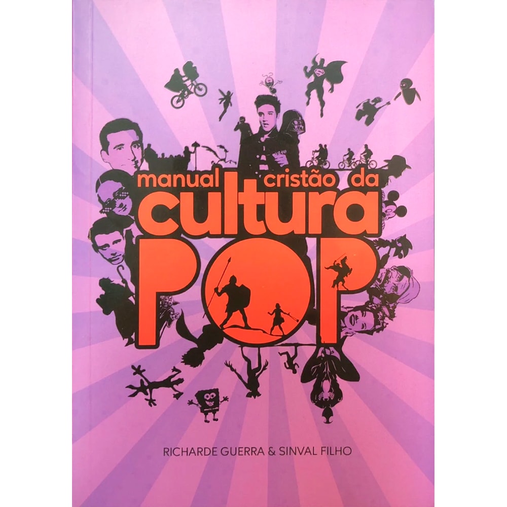 Capa de livro, "Manual Cristão da Cultura POP", roxa com silhuetas de personagens pop. — Plenitude