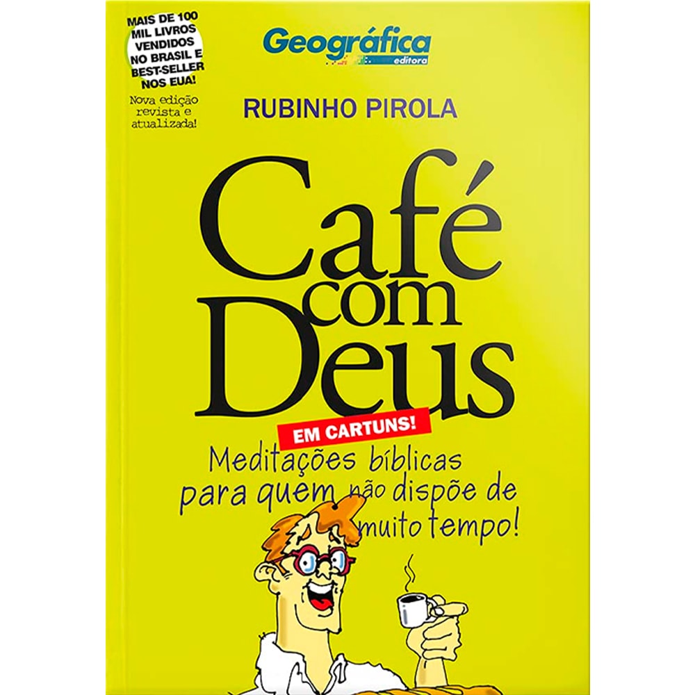 Livro Café com Deus Em Cartuns, capa amarela com desenho de homem e xícara. — Plenitude