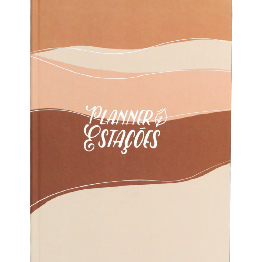 Planner Estações Terra, capa com ondas em tons terrosos e título em branco. — Plenitude