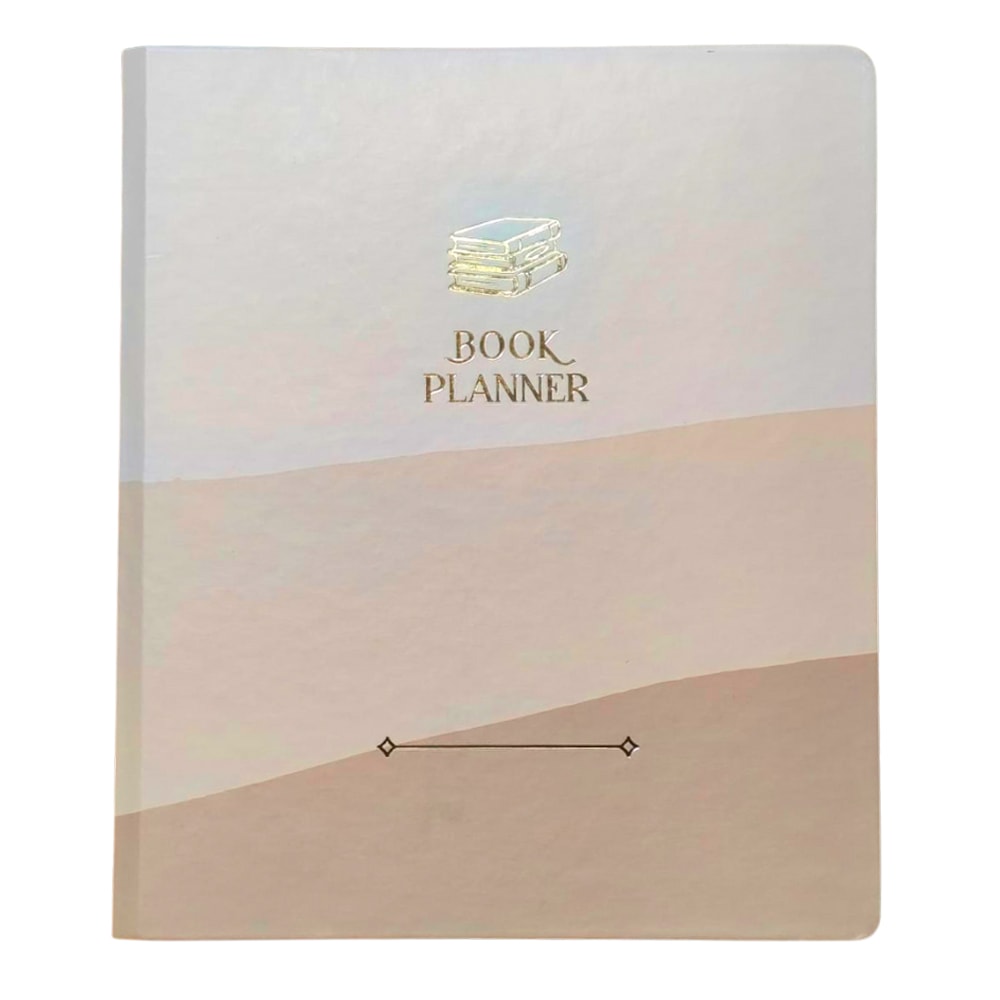 Book Planner Leitura Proposital Creme, capa creme com detalhes em tons de areia e ilustração de livros. — Plenitude