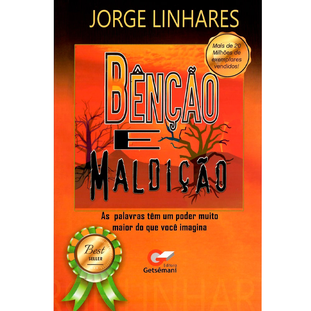 Livro Benção e Maldição de Jorge Linhares, capa laranja com árvores secas e selo de best-seller. — Plenitude