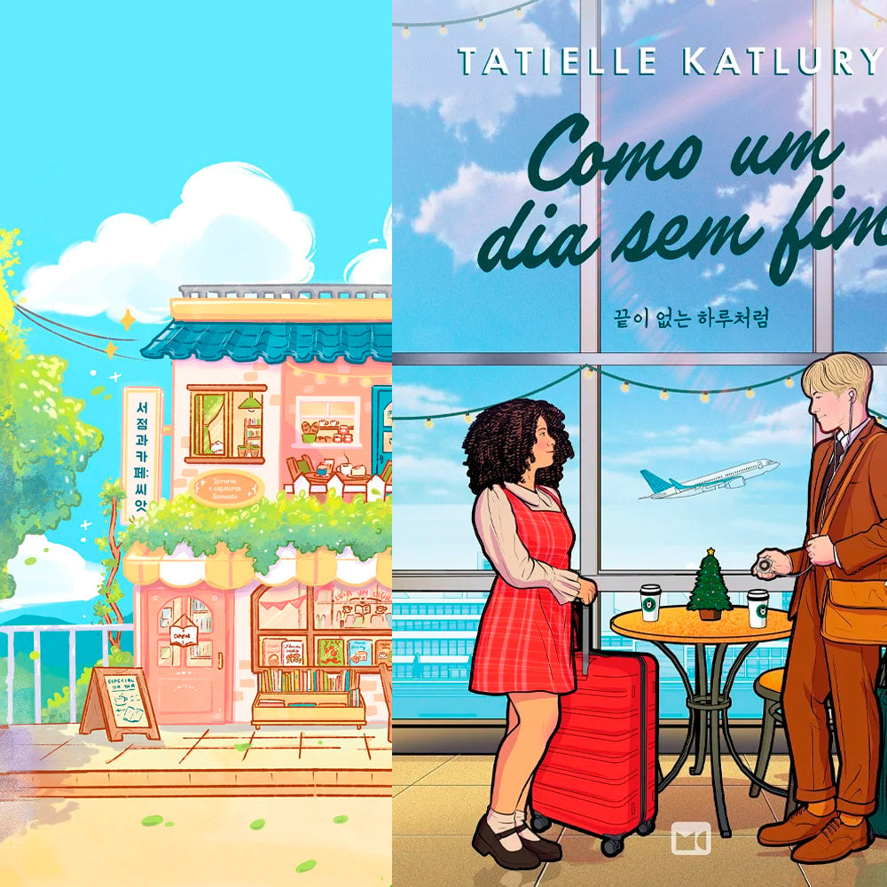 Kit de livros com capas ilustradas em estilo dorama, uma com loja e outra com casal em aeroporto. — Plenitude