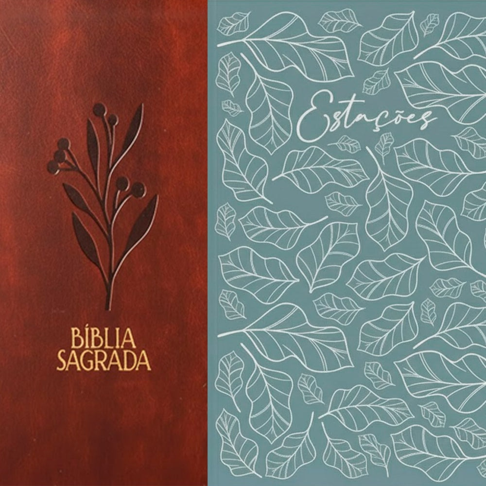 Kit Bíblia Mulheres NVT Oliveira Marrom com estampa de folha e Planner Estações Jardim, capa verde-água com folhas brancas. — Plenitude