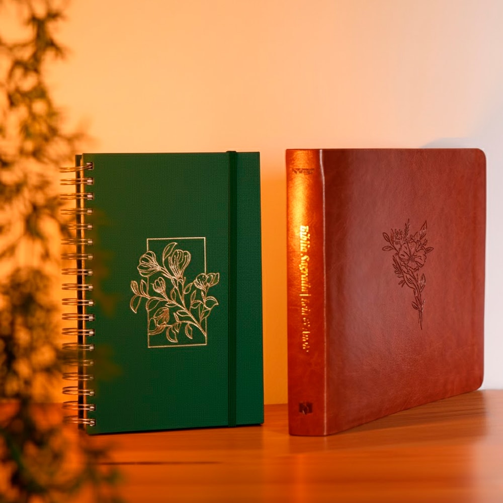 Kit Planner Meu Plano Perfeito | Capa Dura Com Tecido Verde + Bíblia Sagrada Essencia Leia e Anote