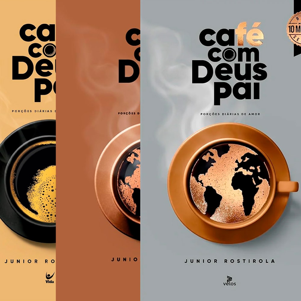 Kit Café Com Deus Pai de Junior Rostirola, três livros com capas em tons de bege, marrom e cinza, com xícaras de café. — Plenitude