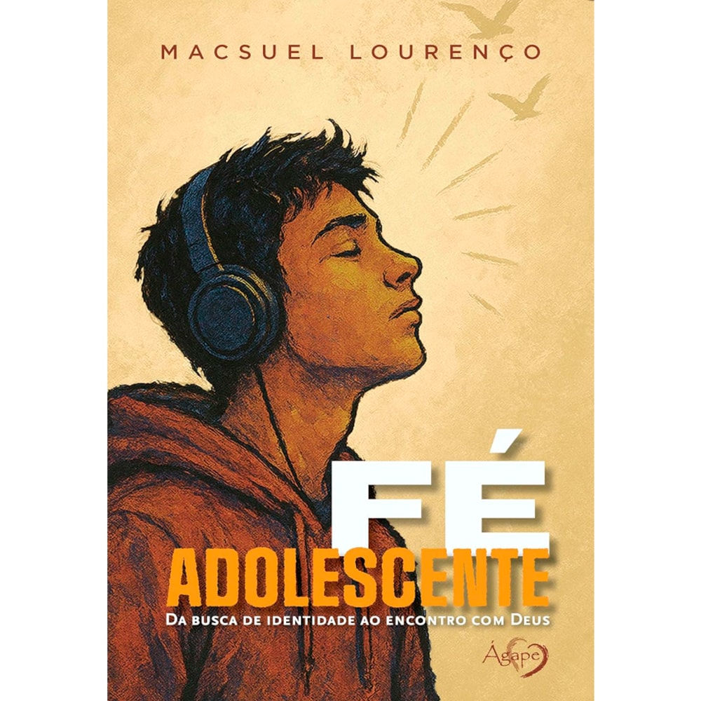 Livro Fé Adolescente, capa amarelada com desenho de jovem de fone, de Macsuel Lourenço. — Plenitude
