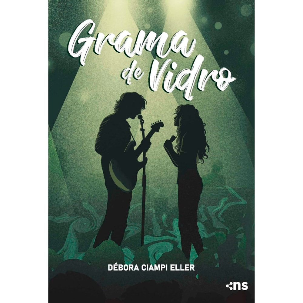 Livro Grama de Vidro de Débora Ciampi Eller, capa escura com silhuetas de músicos no palco. — Plenitude