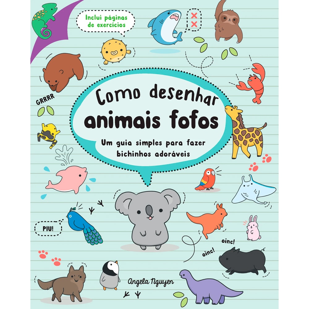 Livro Como Desenhar Animais Fofos, capa branca com ilustrações coloridas de animais. — Plenitude