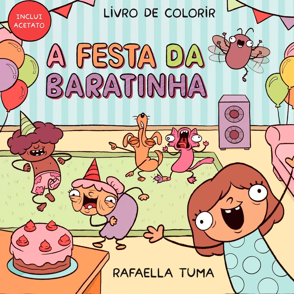 Livro de colorir de capa mole, "A Festa da Baratinha" de Rafaella Tuma, com ilustrações divertidas. — Plenitude