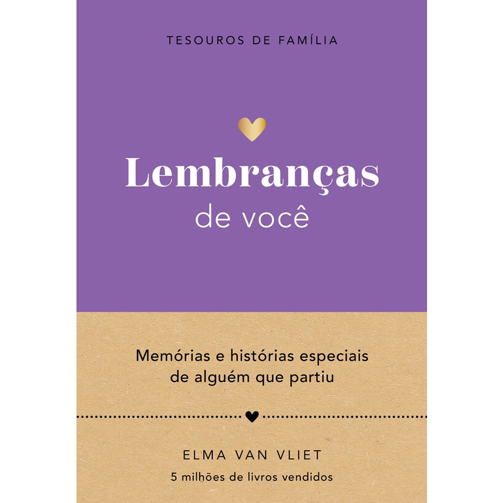 Livro Lembranças de Você, capa roxa e marrom com coração dourado e título em branco. — Plenitude