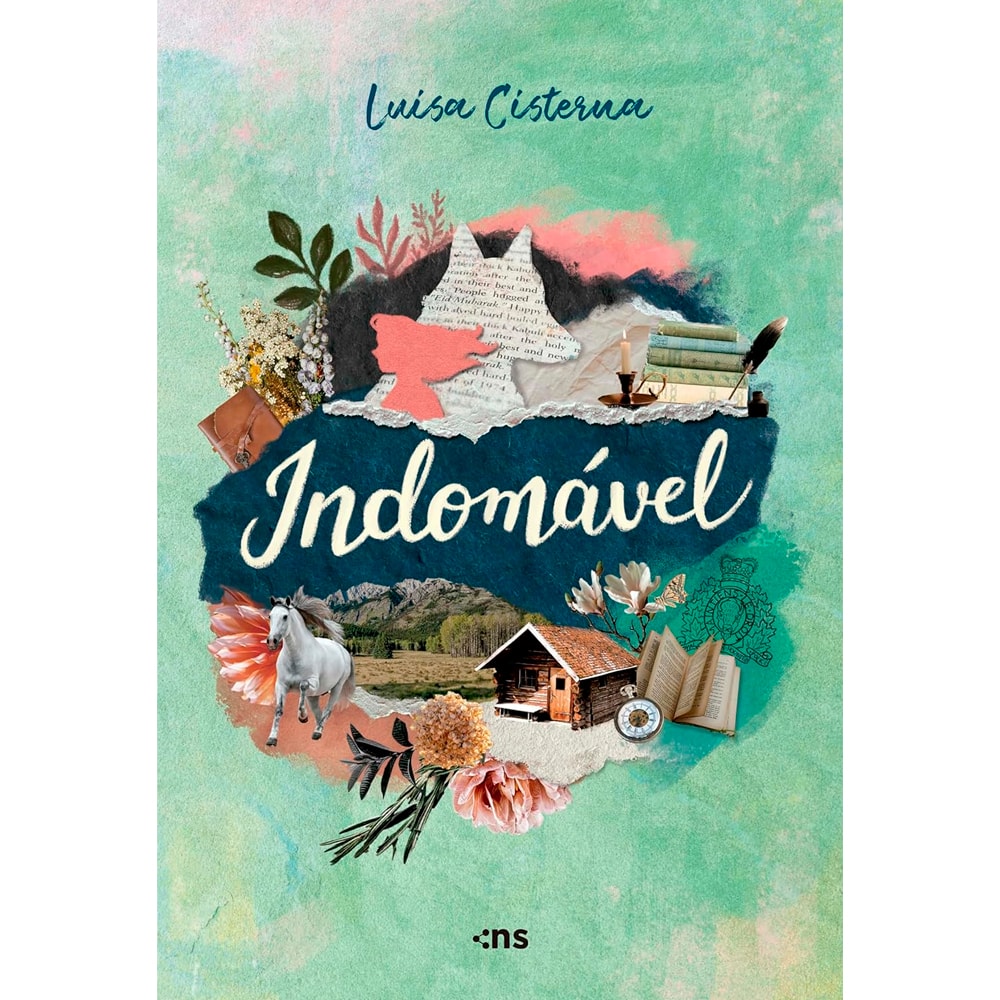 Livro Indomável de Luisa Cisterna, capa verde-água com colagem de elementos rústicos e florais. — Plenitude