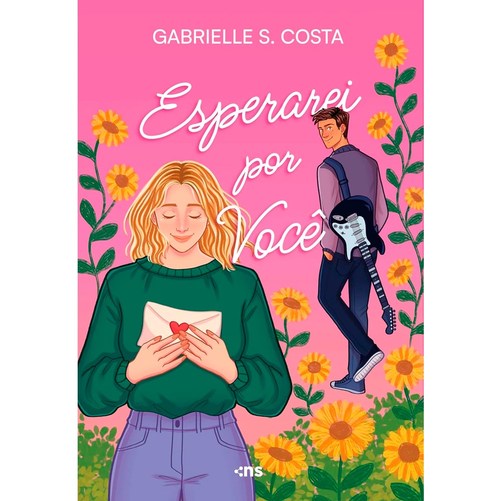 Livro Esperarei Por Você de Gabrielle S. Costa, capa rosa com ilustrações de casal e girassóis. — Plenitude