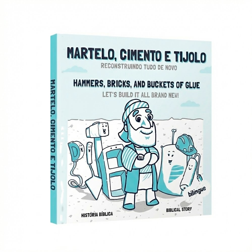 Livro Martelo, Cimento e Tijolo Join Kids, capa azul clara com desenho de personagem bíblico. — Plenitude