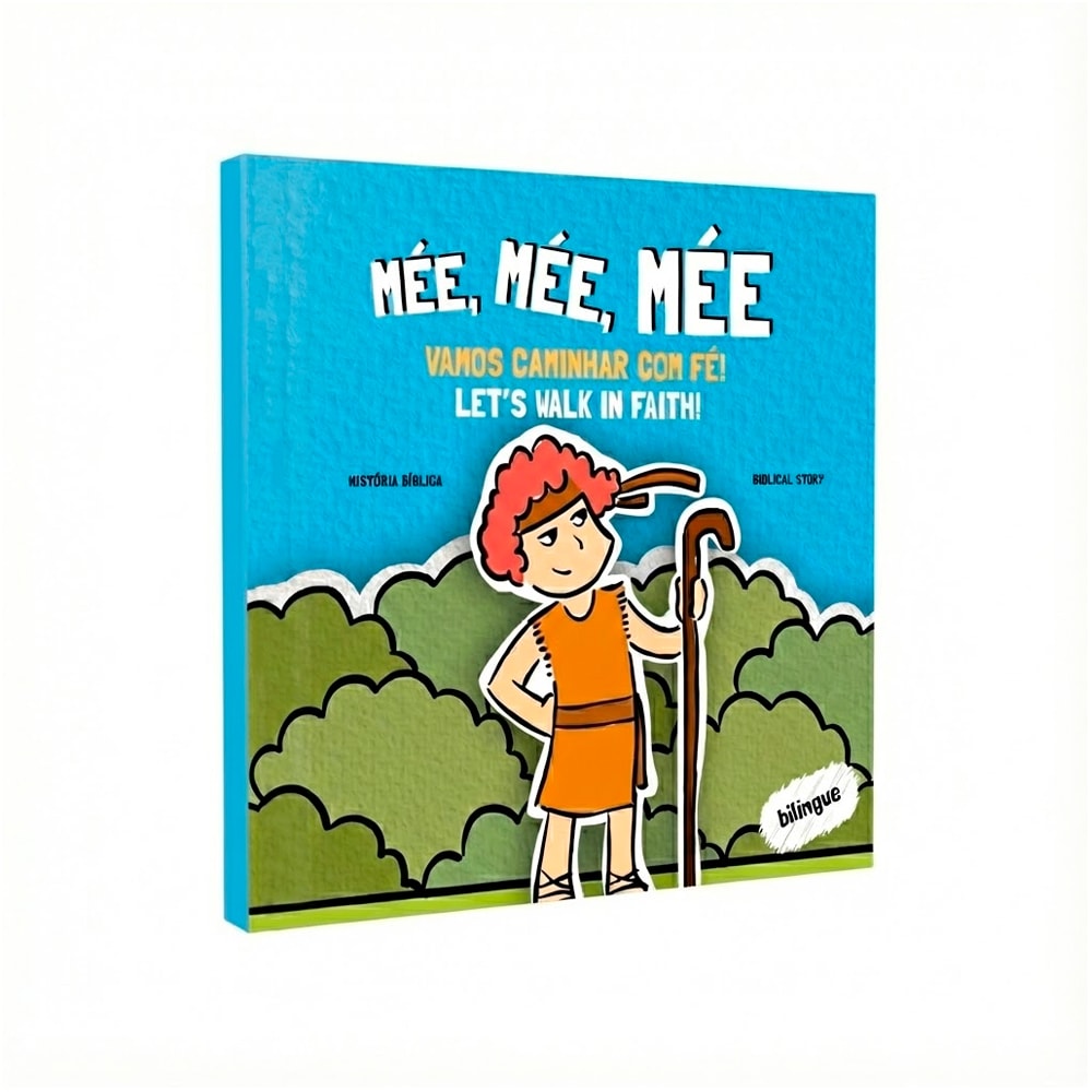 Capa de livro infantil, "Mée, Mée, Mée", azul com ilustração de um pastorzinho. — Plenitude