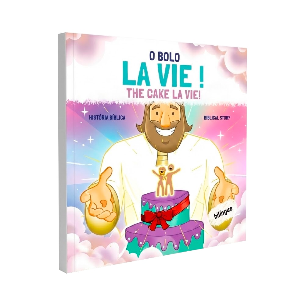 Livro infantil O Bolo La Vie!, capa branca com ilustração de Jesus e bolo de aniversário. — Plenitude