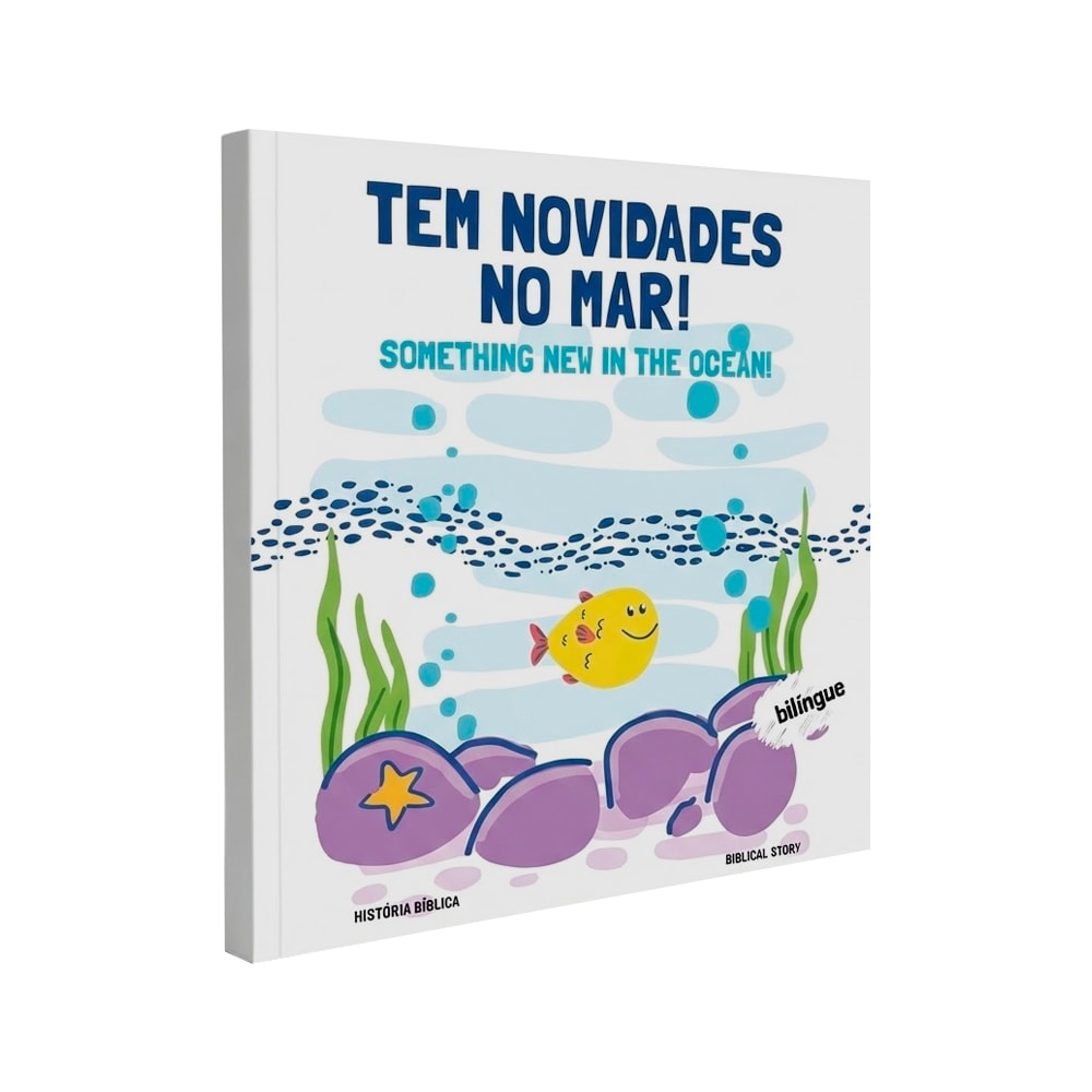 Capa de livro infantil, "Tem Novidade no Mar!", branca com ilustrações de peixes e algas. — Plenitude