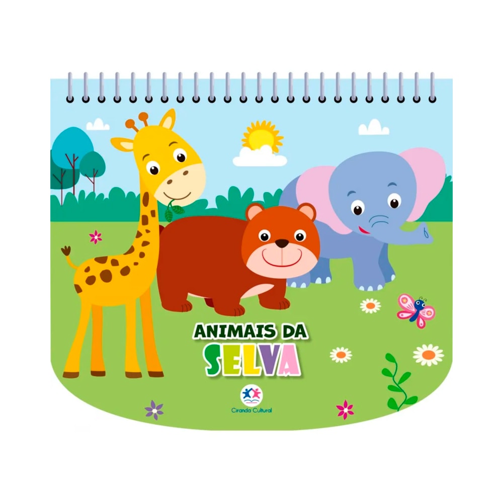 Livro de colorir com canetinhas "Animais da Selva", capa espiral com girafa, urso e elefante. — Plenitude