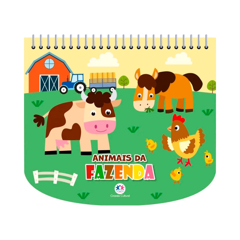 Livro de colorir com canetinhas Animais da Fazenda, capa branca com animais. — Plenitude