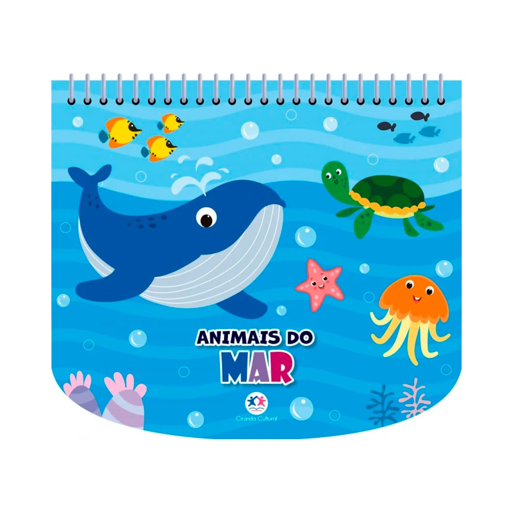 Livro de colorir com canetinhas Animais do Mar, capa azul com animais marinhos. — Plenitude