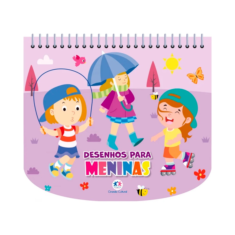 Livro de colorir com canetinhas "Desenhos Para Meninas", capa lilás com meninas brincando e borboletas. — Plenitude