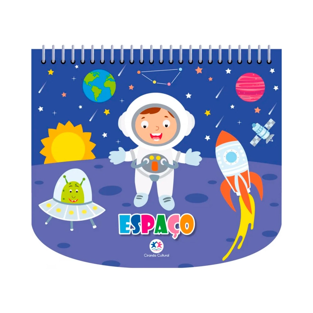 Livro de colorir com canetinhas "Espaço", capa azul com astronauta, foguete e planetas. — Plenitude