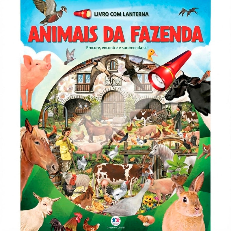 Livro com lanterna Animais da Fazenda, capa com diversas ilustrações de animais. — Plenitude