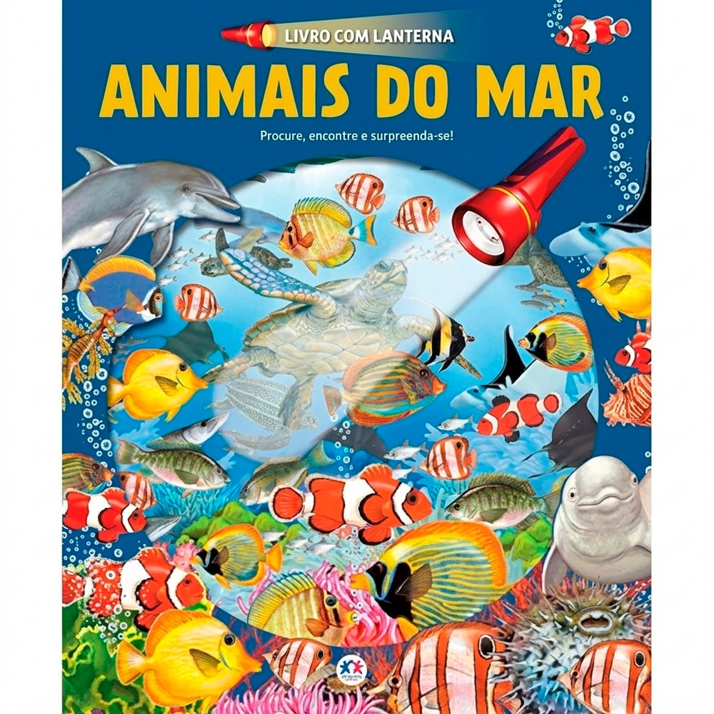 Livro infantil Animais do Mar com Lanterna, capa azul com diversos peixes coloridos e uma lanterna vermelha. — Plenitude