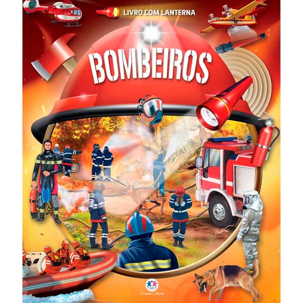 Livro "Bombeiros" com lanterna, capa ilustrada de bombeiros em ação. — Plenitude