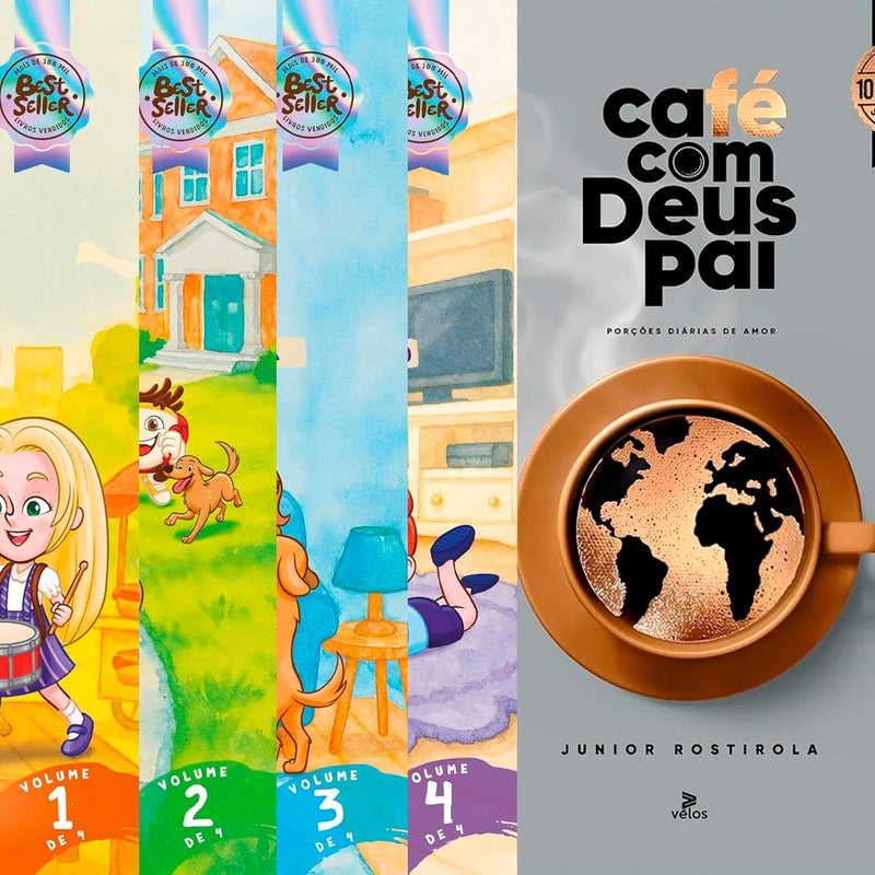 Kit Café Com Deus Pai 2026 e Café Com Deus Pai Kids 4 Volumes de Junior Rostirola, com ilustrações infantis. — Plenitude