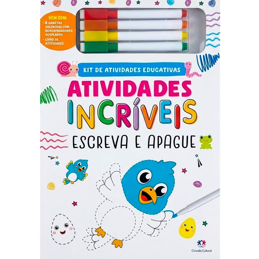 Atividades Incríveis | Escreva e Apague, Ciranda Cultural, kit de atividades educativas com canetas coloridas e livro com pássaro. — Plenitude